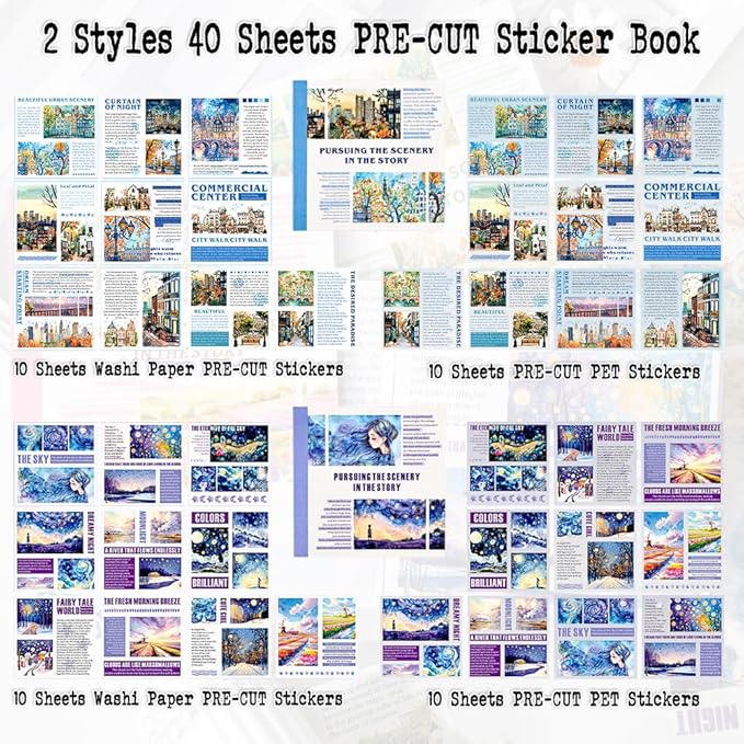 Dwpetzo 40 Sheets Pre-Cut PET Washi Sticker Books for Journaling, 2Pack Watercolor City and Night Sky Themes, Scrap Book Stickers for Scrapbooking, Junk Journal Supplies, Aesthetic Collage
