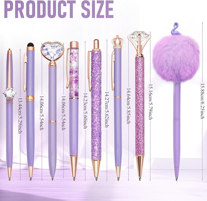WEMATE 8Pcs Purple Pens, Metal Crystal Diamond Pen with Black & Blue Ink, Pens for Journaling, Office Supplies Fancy Pens for Women, Back to School Supplies for Girls Birthday (Purple)