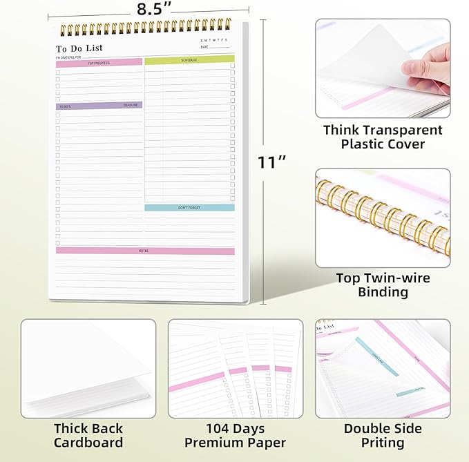 To Do List Notepad Undated, Daily To Do List Notebook (8.5"x 11") Spiral Daily Task Hourly Schedule Planning Pad with Checklist Suitable for Office, Home and School 104 Pages