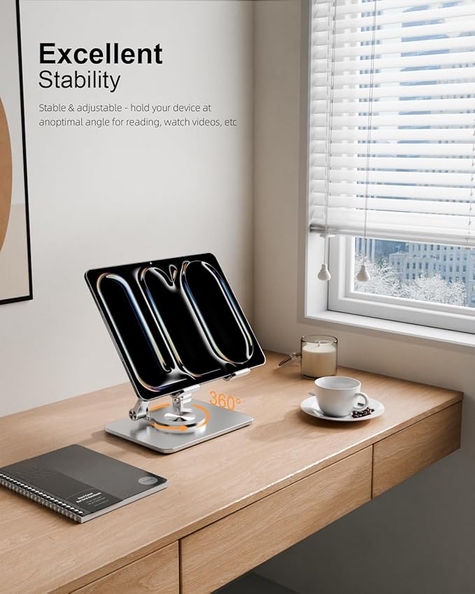 OrlianTablet Stand Holder with Thickened 360°Rotating Base Dual Rod Adjustable Aluminum Stand for All 5.8-12.9” iPad Samsung Phone Tablet Kindle E-Reader and More, Silver