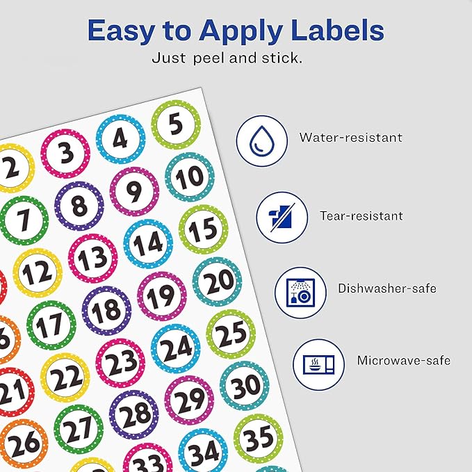 600 Pcs Number Stickers 1-40, 1" Dot Number Labels Self-Adhesive Water/Tear Resistant Removable for Classroom Office
