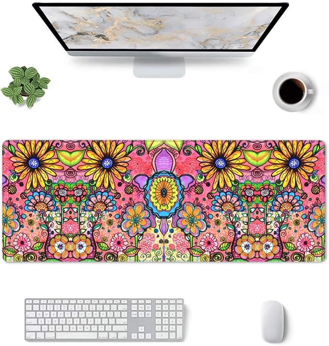Hippie Flowers Large Mouse Pad with Stitched Edges Long Non-Slip Rubber Base Mousepad Laptop Keyboard Mat Desk Pad for Office Home Desk Decor, 31.5" X 11.8"