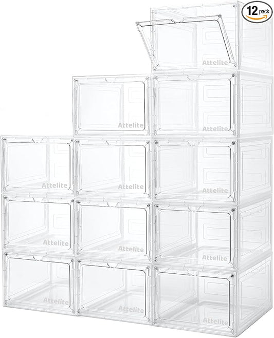 Attelite Upgrade 12pack Shoe Box Storage Containers,Thicken Sturdy Clear Stackable Plastic Shoe Organizer Box with Magnetic Door, X-Large Drop Front Shoe Box