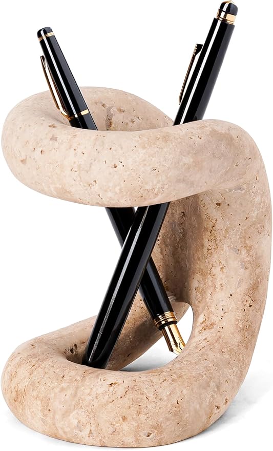 Marble Pen Holder for Desk 4 Inch Travertine Pencil Holder for Desk Accessories & Workspace Organizers - Stone Stationary Holders for Office Decor - Pen Organizer for Gifts