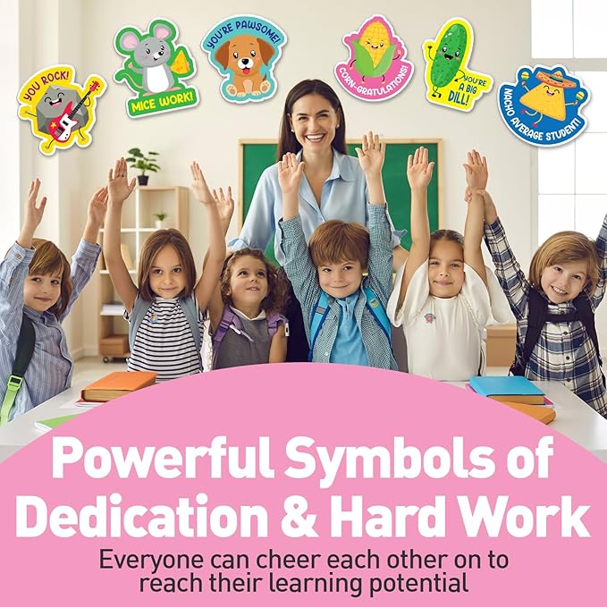 S&O 600 Large Bravo-cado Punny Reward Stickers for Kids Classroom, Teacher Supplies for Students, Counselor & School Prints for Children, Funny Tags for Little Ones, Good Job Labels with 40 Puns