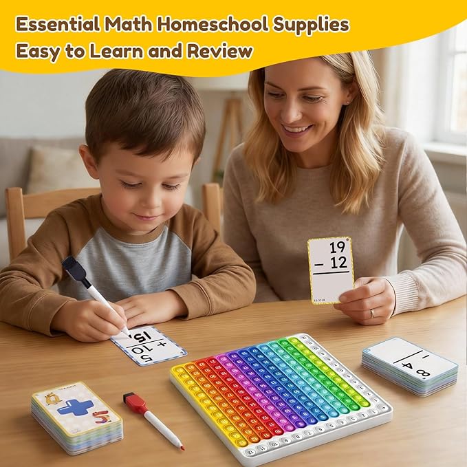 JoyCat Addition and Subtraction Flash Cards with Addition Toy,144 Flashcards for Pre K,1st,2nd,3rd 4th Grade,Math Manipulatives Tools for Homeschool, Classroom & Travel,with Workbook, Markers & Rings