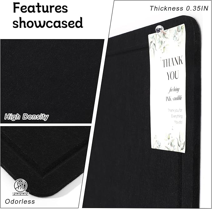 Bulletin Board, 36" x 24" Foldable Cork Board Felt Pin Boards with 35 Pushpins Self-Adhesive Photo Decorative Felt Boards for Walls, Office, School, Classroom, Home, Bedroom - Black