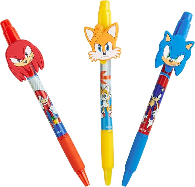 Sonic The Hedgehog Pens for Kids Pack of 3 Ballpoint Pens Blue Ink for Boys with Character Toppers Cute School Supplies Gamer Gifts for Kids