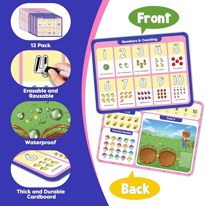Aizweb 12 Pack Dry Erase Handwriting Practice for Kids,9 x 12 Number Tracing Board: Learn to Count,Number Tracing&Simple Addition,Montessori Math Games Preschool Learning Activity for Pre K Ages 3-5