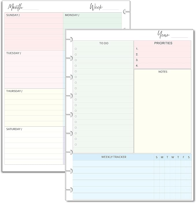 Undated Weekly Planner Inserts, Fits 9 Disc Medium Size Planners Calendar Refills Weekly Calendar Inserts, Undated Weekly Planner (9 Disc Classic)