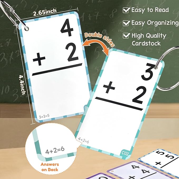 JoyCat Addition and Subtraction Flash Cards with Addition Toy,144 Flashcards for Pre K,1st,2nd,3rd 4th Grade,Math Manipulatives Tools for Homeschool, Classroom & Travel,with Workbook, Markers & Rings