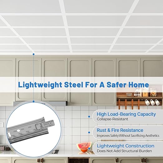 25 PCS 144 Inch Main Beam Cross Tee Drop Ceiling Grid System, 12 Ft Galvanized Steel Rust & Fire Resistance, Ideal for Basement Living Room Garage Kitchen Bathroom White