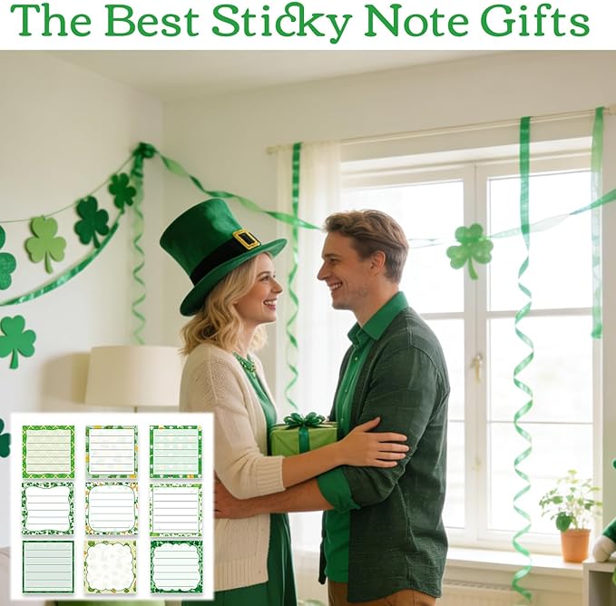 St Patricks Day Sticky Notes Gifts, 9 Pack St. Patrick's Day Notepads 3x3 Inches, Irish Gnome Leaf Shamrock Self-Adhesive Memo Pads, Holiday Office Study Supplies Gift (450 Sheets)