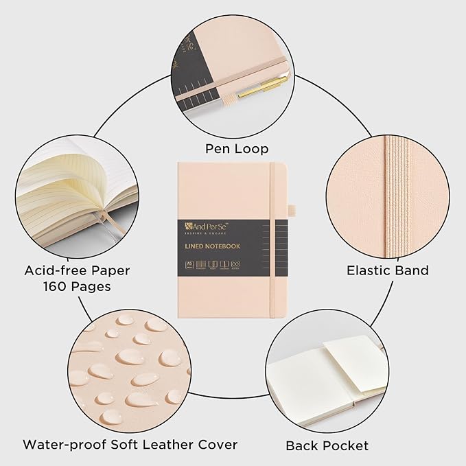 &And Per Se Lined Journal and Pen Set, A5 Leather Hardcover Notebook with Pen & Stationary Set, 160 Pages 100GSM Thick Ruled Paper Journal for Business Work Writing (Light Apricot)