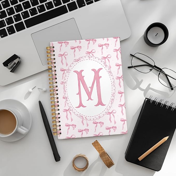 LIANGW Pink Bow Journal Notebook for Teen Girls,Initial M Journals Personalized Diary Gifts for Teen Girl Kids, Monogrammed Gifts for Women, Coquette Cute Hardcover Spiral Notebook 5.5 x 8.3