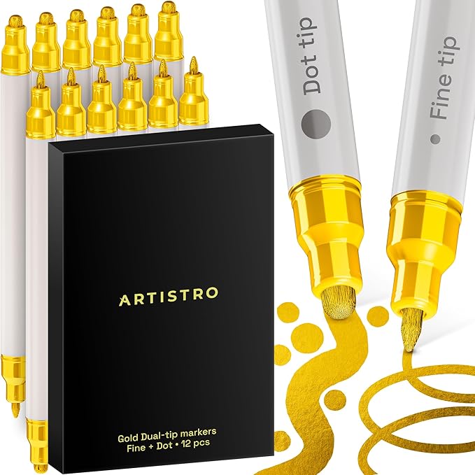 ARTISTRO 12 Gold Acrylic Paint Markers for Rock, Fabric, Wood, Glass, Decoration - Dual-Tip Paint Pens for Coloring Books for Adults, Teens, Kids - Art and Craft Supplies Kit - Gift Idea