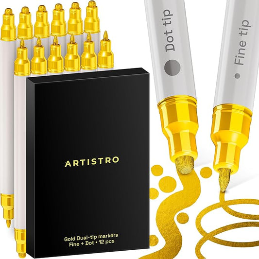 ARTISTRO 12 Gold Acrylic Paint Markers for Rock, Fabric, Wood, Glass, Decoration - Dual-Tip Paint Pens for Coloring Books for Adults, Teens, Kids - Art and Craft Supplies Kit - Gift Idea