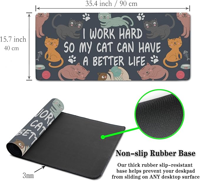 Full Size Mouse Pad Funny Cat Cute Gaming Mouse Pad Extra Large Mouse Pads Computer Mat Work Desk Mat Non-Slip Rubber Base Waterproof with Stitched Edges 35.4" X 15.7" for Game Office,