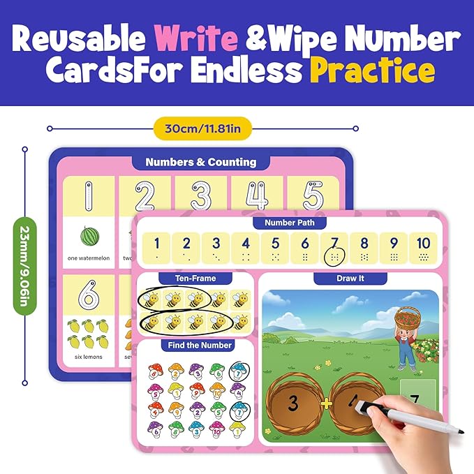 Aizweb 12 Pack Dry Erase Handwriting Practice for Kids,9 x 12 Number Tracing Board: Learn to Count,Number Tracing&Simple Addition,Montessori Math Games Preschool Learning Activity for Pre K Ages 3-5