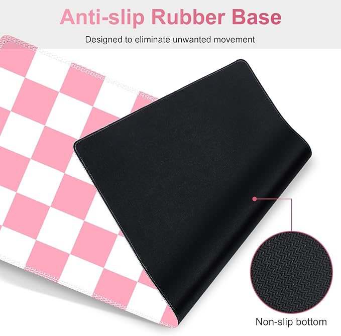 Pastel Pink White Checker Mouse Pad Set, 4 in1 Ergonomics Keyboard Desk Mat with Memory Foam Wrist Rest, Extended Game Mousepad, Non-Slip Large Gaming Desk Pad Matt Easy Typing Pain Relief