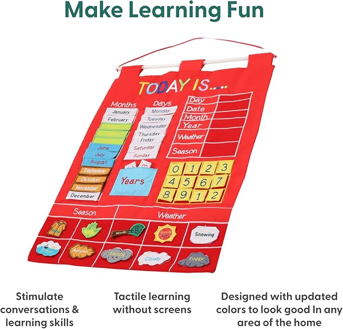 The Peanutshell Learning Calendar Wall Chart - Homeschool Supplies, Interactive Pocket Chart for Toddlers & Kids - Preschool Learning Activity Board, Circle Time Board for Classroom - Red Today Is