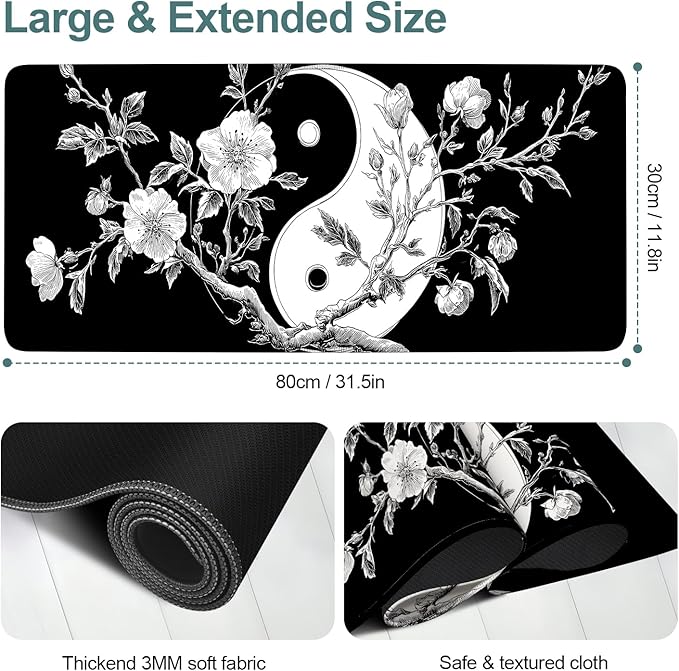 Yin Yang Cherry Blossom Gaming Mouse Pad 31.5"x11.8", Black and White Floral Large Desk Mat, Extended Keyboard Mousepad with Non-Slip Rubber Base, Stitched Edges Mouse Pads for Desk Home Office Gaming