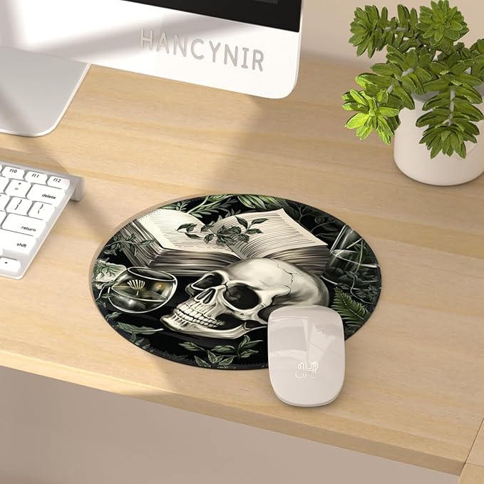 Funny Goth Skull Mouse Pad for Desk, Gothic Book Plant Small Mousepad with Non-Slip Base, Round Mouse Pads for Laptop Gaming, Computer Mouse Mat for Office Decor Accessories Supplies