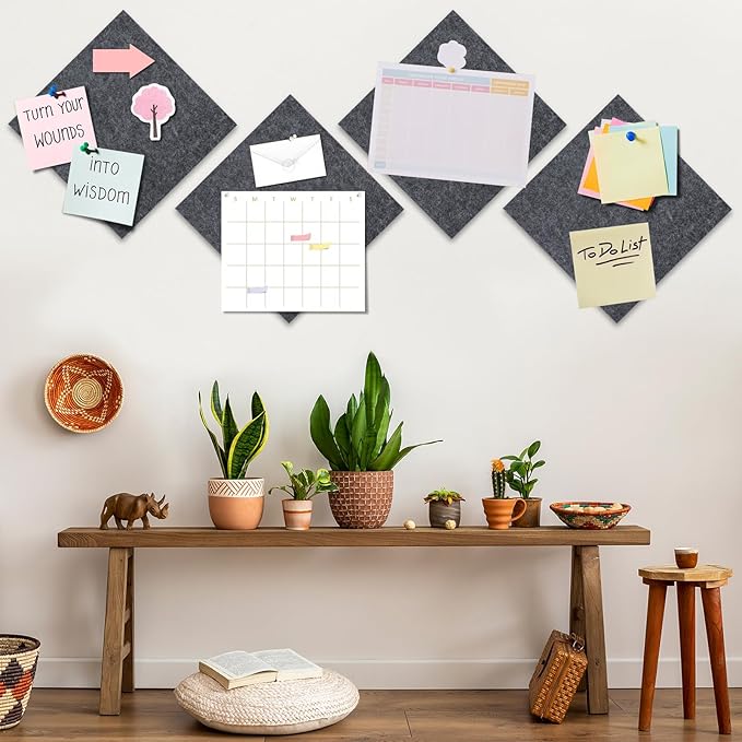 Felt Cork Board Tiles 6 Pack Grey Bulletin Boards 12"x12" - 1/2" Thick Corkboards for Wall Bulletin Board Self Adhesive with 100 Push Pins for Wall School Home Office