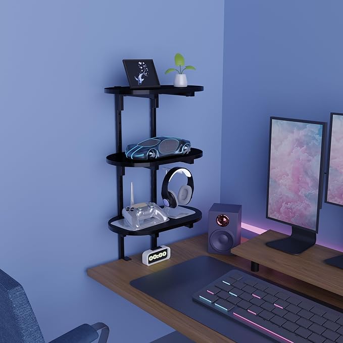 Aetheris Clamp On Desk Shelf, 3-Tier Adjustable Desk Storage Shelf, Wood Desktop Bookshelf, Desk Shelves Organizer for Offices, Study Rooms, and Game Rooms, Black