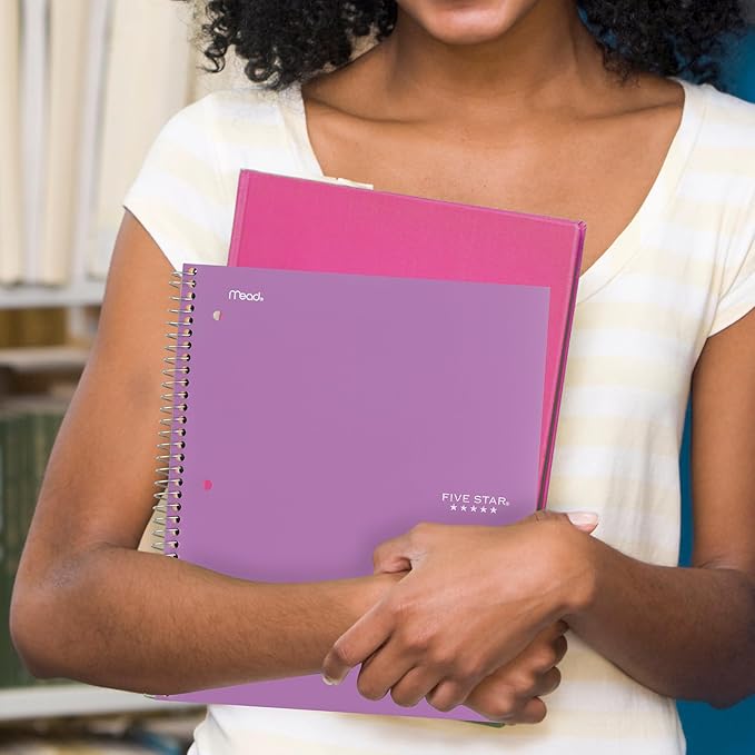 Five Star Spiral Notebook + Study App, 5 Subject, Wide Ruled Paper, 8" x 10-1/2", 200 Sheets, Fights Ink Bleed, Water Resistant Cover, Amethyst Purple (38739)