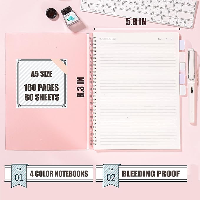 4 Pack Lined Spiral Notebook, 5.9 x 8.3 Inches Notebooks for Work, School and Journal with 110 GSM Thick Paper, Small Notebook with 80 Sheets/160 Pages, Notebooks College Ruled for Note Taking