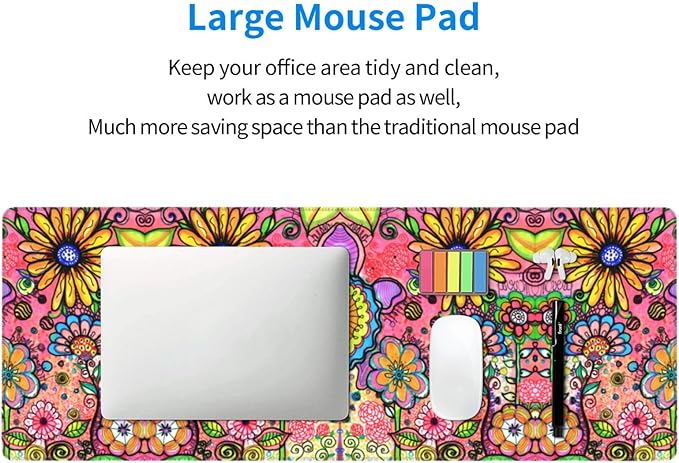 Hippie Flowers Large Mouse Pad with Stitched Edges Long Non-Slip Rubber Base Mousepad Laptop Keyboard Mat Desk Pad for Office Home Desk Decor, 31.5" X 11.8"