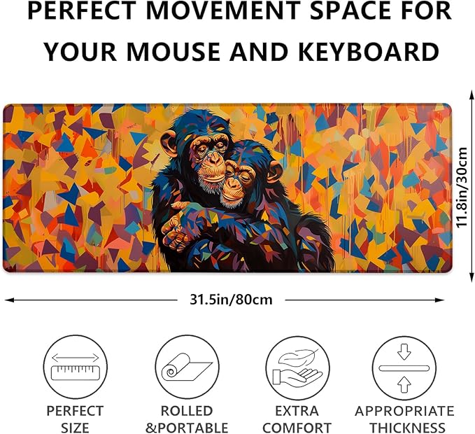 Colorful Chimpanzee Gaming Mouse Pad, Cute Monkeys Hugging Large Desk Mat for Computer, Extended Keyboard Laptop Mouse Pads 31.5×11.8in, Non Slip Rubber Mousepad for Office Decor Gifts