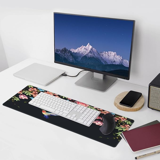 Hummingbirds and Flowers Large Mouse Pad with Stitched Edges Long Non-Slip Rubber Base Mousepad Laptop Keyboard Mat Desk Pad for Office Home Desk Decor, 31.5" X 11.8"