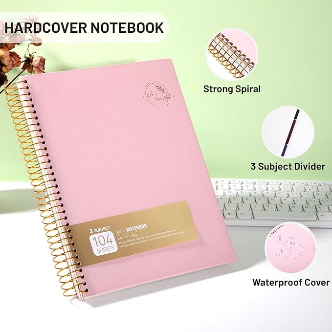 FLYING EAGLE 3 Subject Notebook Large Spiral Notebook 8.5 X 11, Pink Notebook for Women Men, 100 GSM Thick Paper 104 Sheets, Hardcover Notebook for Work, School, Writing, Note Taking Pink