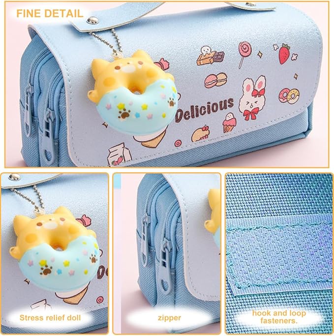 Pencil Case for Girls, Kids Large Capacity Cute Pencil Box with Compartments School Organizer Pen Pouch (Doughnut Blue)