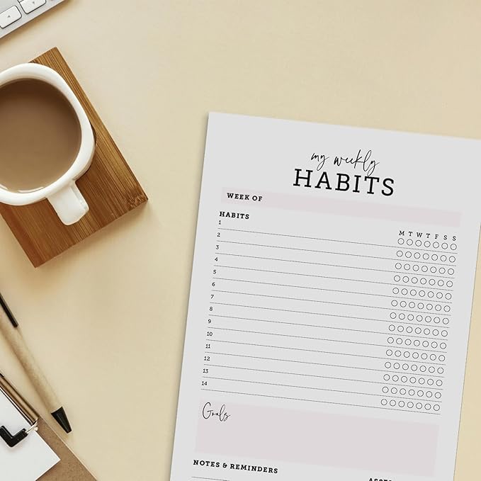 CARDAMONOLY Habit Tracker Notepad in Black and Light Pink- 50 Page Tear Off Planning Pad - 6 x 9 - High Performance Planner - Chore Chart for Adults - Weekly Planner Undated - Self Care Planner