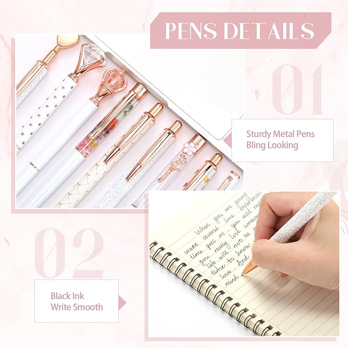Janmini 9 Pcs Ballpoint Pens Set Metal Crystal Diamond Glitter Pens for Journaling Black Ink Pretty Cute Things Fancy Stationery Gifts for Women Girls Birthday Home Office Desk(White)