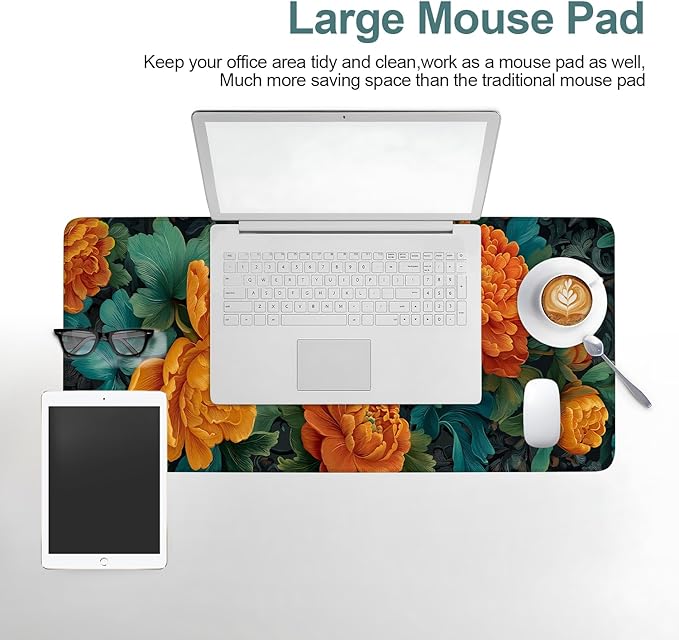 Retro Flower Extended Gaming Mouse Pad 31.5x11.8inches Large Desk Mat Anti-Slip Rubber Base & Durable Stitched Edges for Gamers Smooth Mouse Writing Surface for Desk Office/Home
