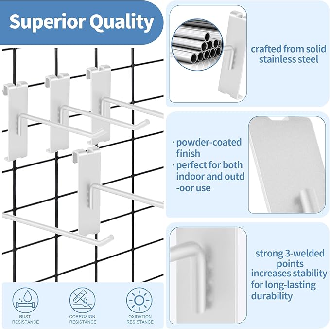 20Pcs Gridwall Hooks, Metal Grid Panel Hanging Peg Hooks, Grid Wall Accessory for Clothes Storage, Home Organization, Retail Display (White, 10"/25Cm)