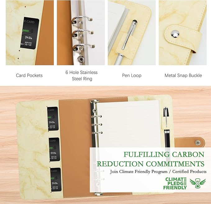 FYY A5 Binder Refillable Planner Notebook 6 Ring PU Leather Binder Journal with Pockets, Dividers, Refill Paper Marble Yellow