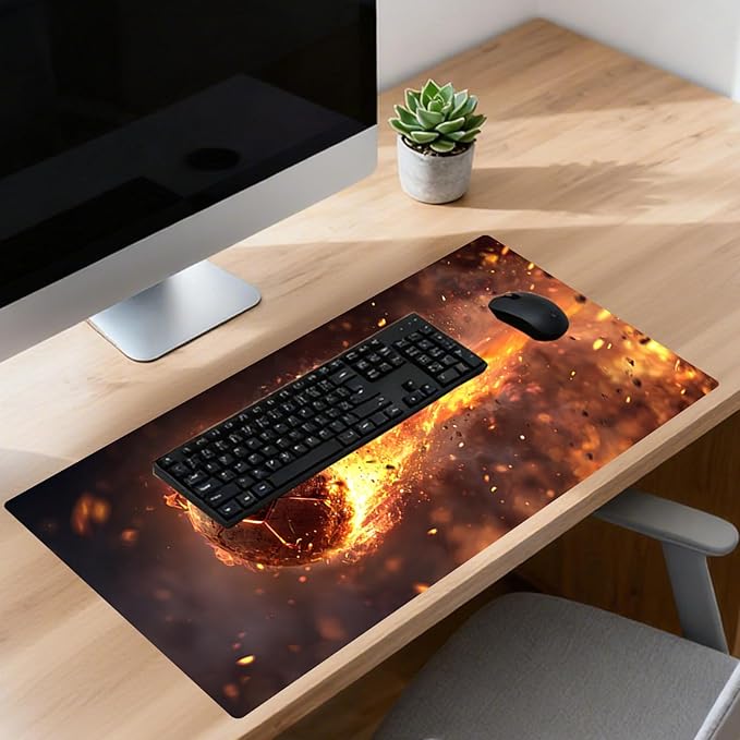 Nuxovilar Professional Large Mouse Pad & Computer Game Mouse Mat (35.4x15.7IN, Fiery Orb Art, Football, Soccer) (90 * 40cm Fiery Orb)