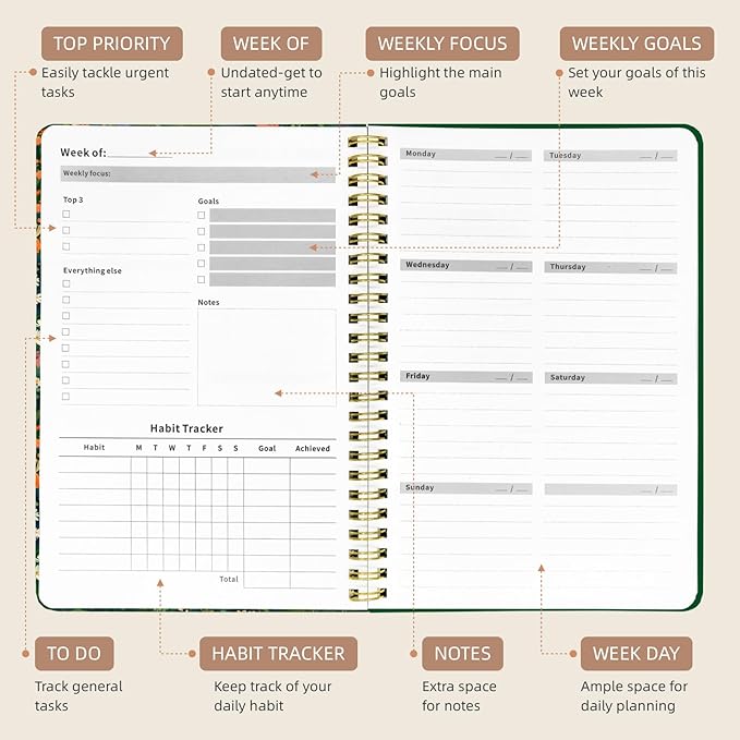 Weekly Planner Undated - 52 Weeks To Do List Notebook A5 for Work: Weekly Task, Habit Tracker Journal, Goal Setting, Agenda Sprial Bound Organizer Book Women Cute Stylish Design, Cat Garden