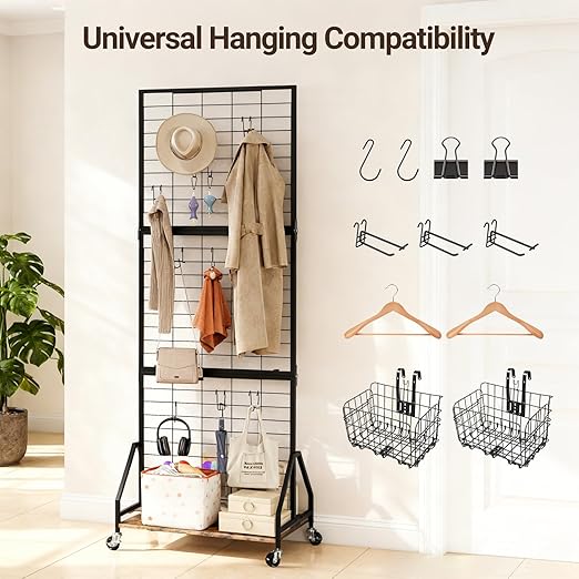 ELYKEN Foldable Grid Wall Panels 5.5' x 2' FT, Movable Wire Gridwall Display Rack with Wheels and Adjustable Foots, Retail Display Stand for Vendor with Storage (Rustic Brown)