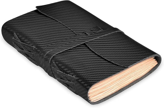 LEATHER VILLAGE Carbon Fiber Genuine Leather Bound Journal - 7'' x 5'', 220 Pages - Vintage Blank Paper Diary for Writing, Drawing, Sketchbook, and Travel Notebook - Ideal for Women and Men- Black