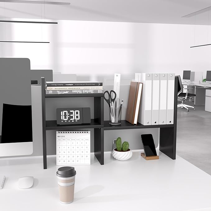 Jerry & Maggie Desktop Organizer Office Storage Rack Adjustable Wood Display Shelf Birthday Gifts Toy Home Decor Free Style Rotation Display True Natural Stand Shelf (Black/2 Pack)