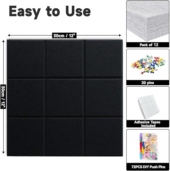 Large Cork Board for Walls, Yunihome 12 Pack 36" x 48" Felt Bulletin Board Wall Tiles for Home Kitchen School Office Wall Decor with Assorted Colors DIY Decorative Push Pins Sets