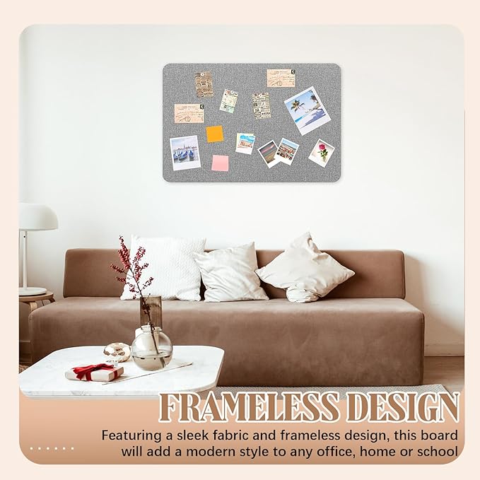 36"x 24"Linen Fabric Bulletin Board Pinboard for Walls Display Frameless Pinboard Display Notice Memory Board for Office Walls Home Kitchen Easy to Install(Grey)