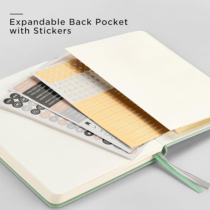&And Per Se Dotted Journal Notebook, A5 Hardcover Leather Bullet Dotted Journal, 160 Pages 100 gsm Thick Paper, 3 Sheets of Stickers Included- 5.7'' x 8''（Light Green）