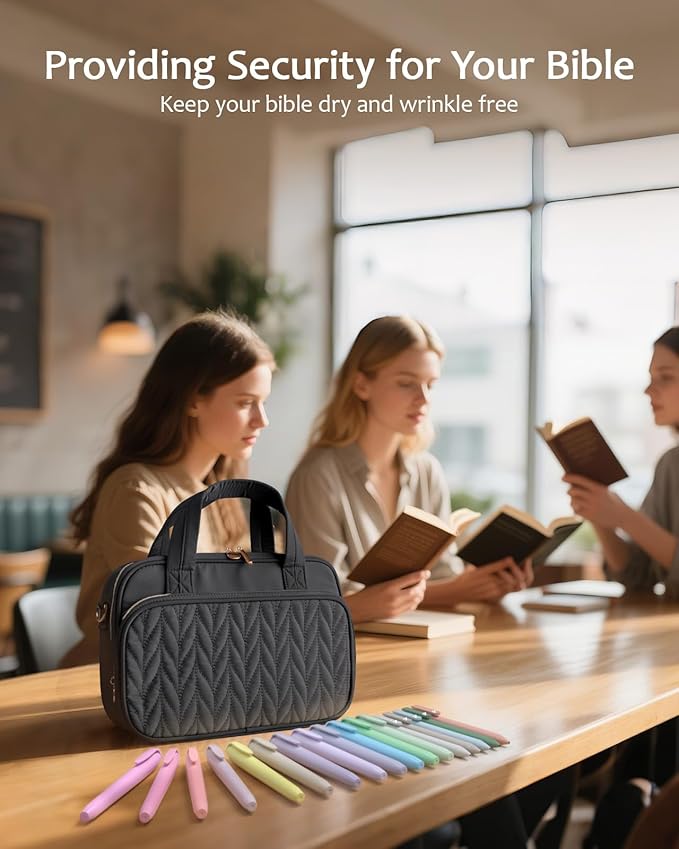 Bible Cover Case for Women, Large Bible Bag with Study Supplies, Bible Journaling Kit with Highlighters and Pens No Bleed, Christian Gift for Women (Shoulder Strap, Black)